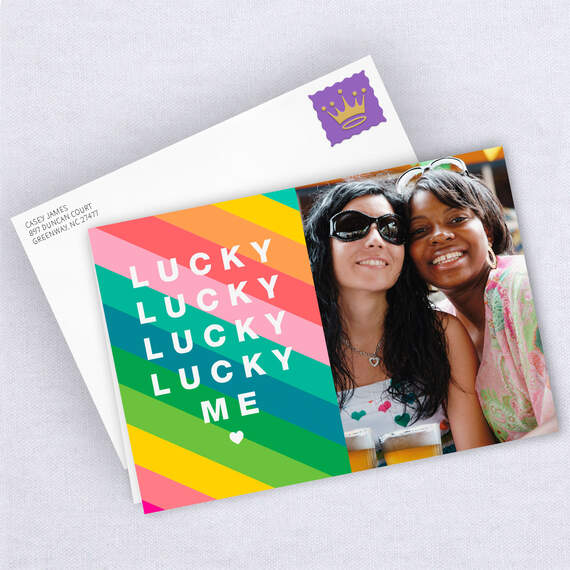 Personalized Lucky Me Rainbow Stripes Photo Card, , large image number 4