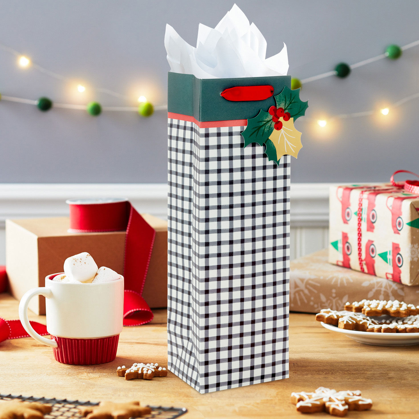 Black and White Check Holiday Wine Gift Bag in use image number 2