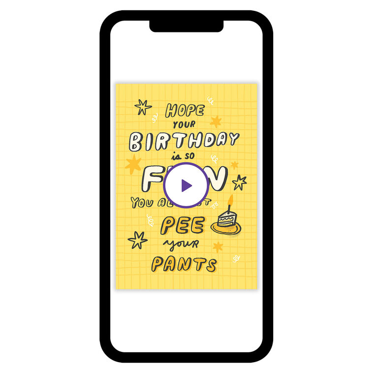 Pee Your Pants Yellow Personalized Birthday Card phone with card front image number 1