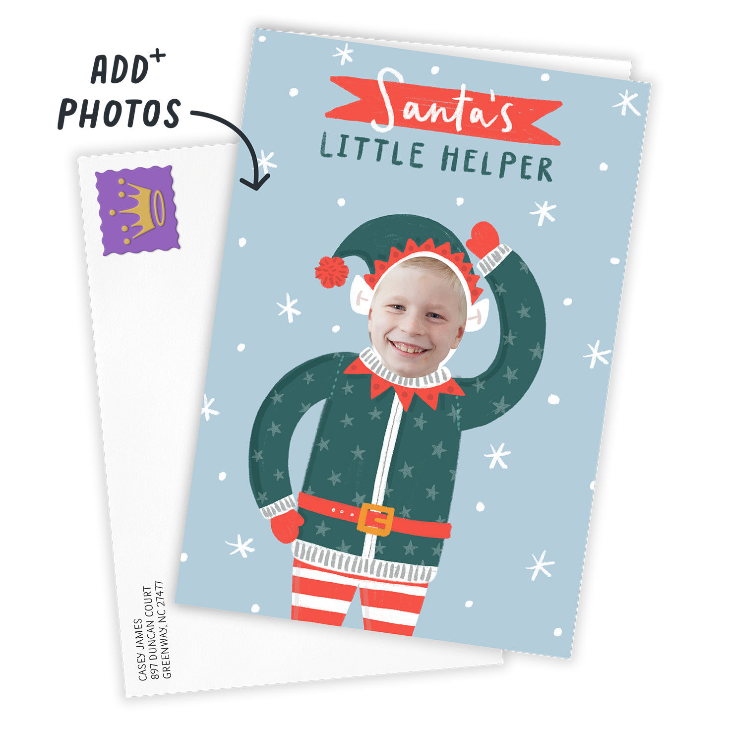 Elf With Photo Face Personalized Christmas Card Card Front indicating personalization image number 2