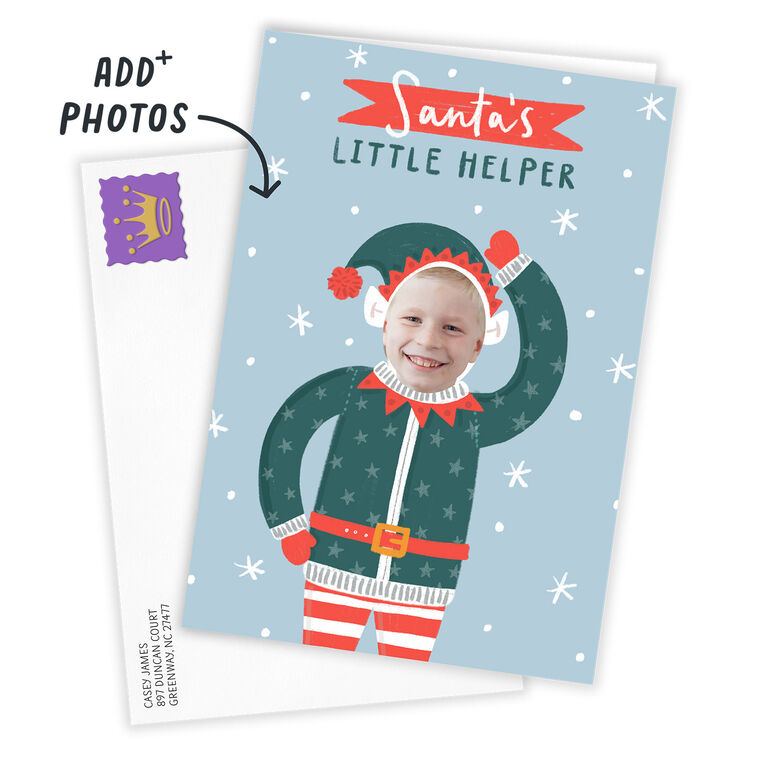 Elf With Photo Face Personalized Christmas Card Card Front indicating personalization image number 2