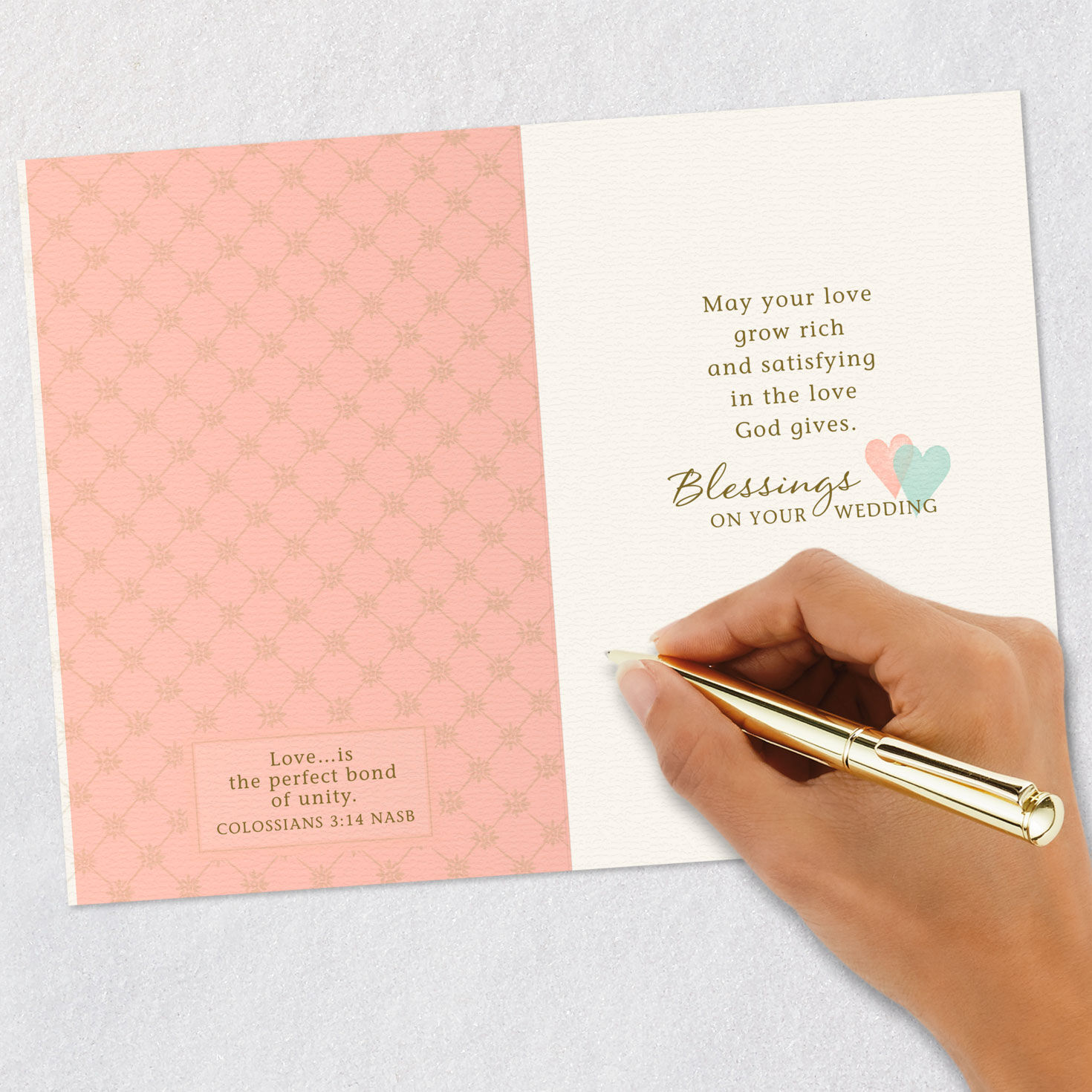 Pink, Blue and Gold Hearts Religious Wedding Card Signing card image number 6