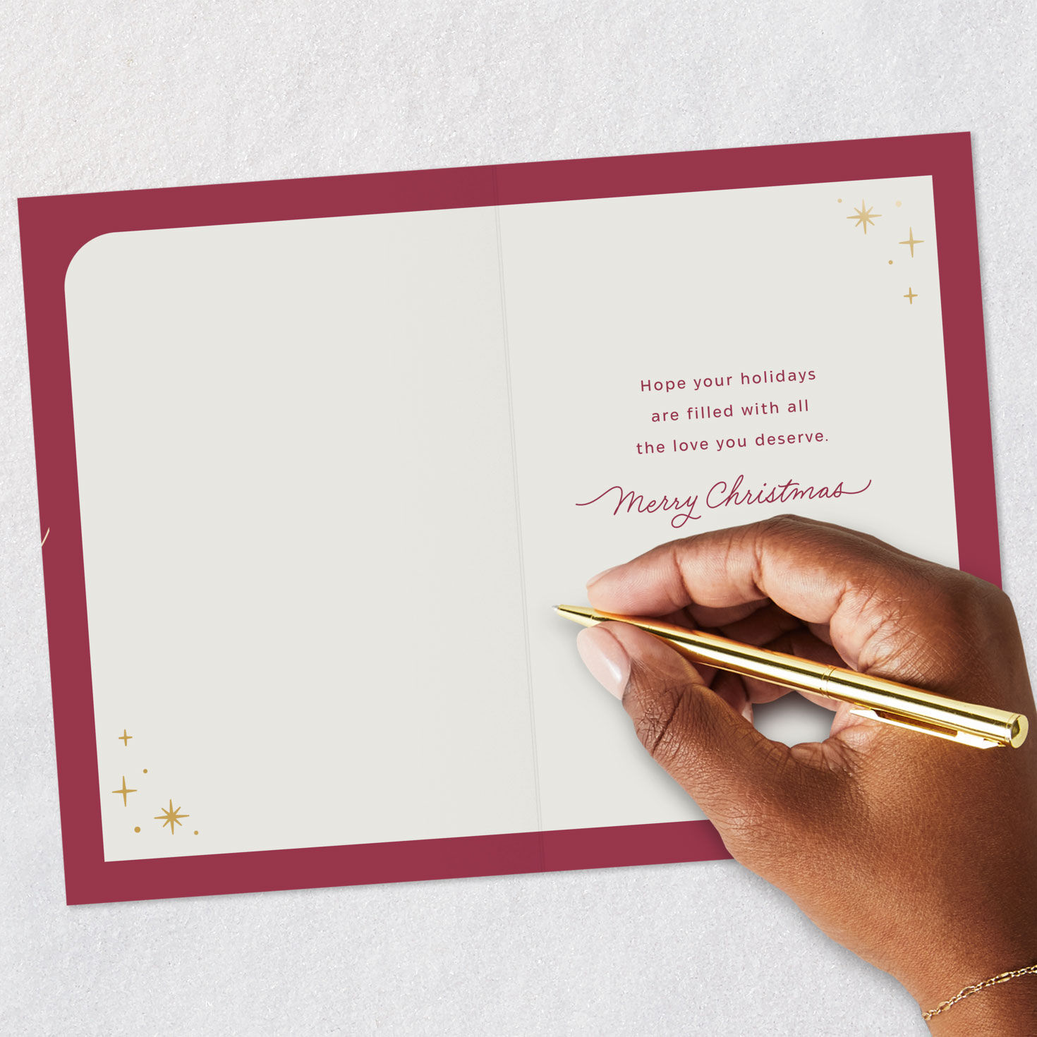 Gold Botanical Stocking on Mauve Christmas Card for Niece Signing card image number 6