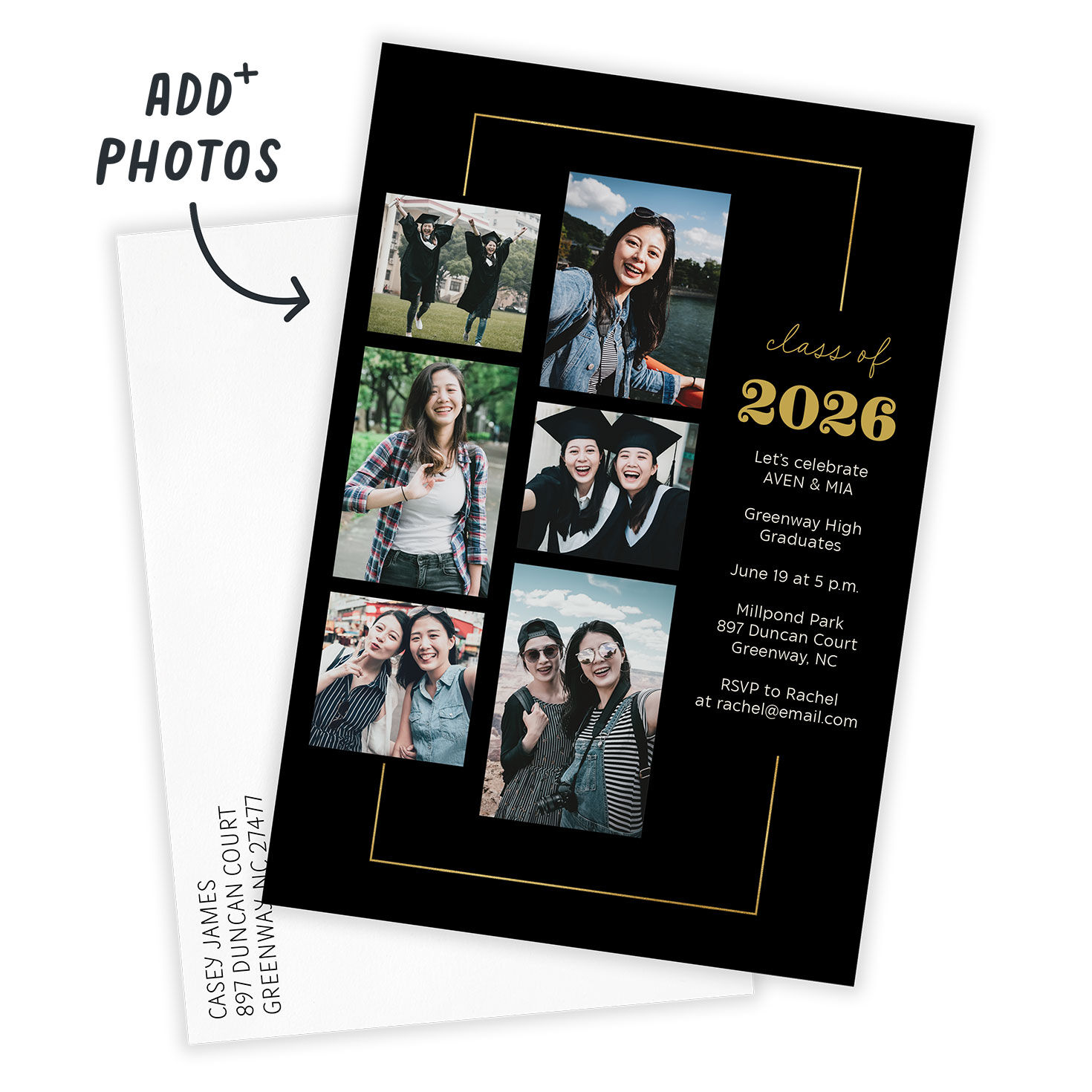 Black Gold Photo Collage Grad Party Invitation Card Front indicating personalization image number 2
