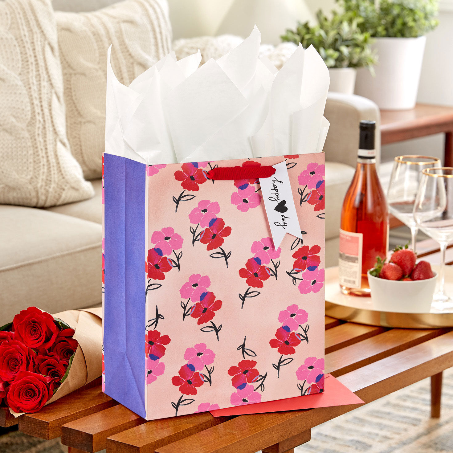 13" Pink and Red Flowers on Peach Large Valentine's Day Gift Bag for only USD 4.99 | Hallmark