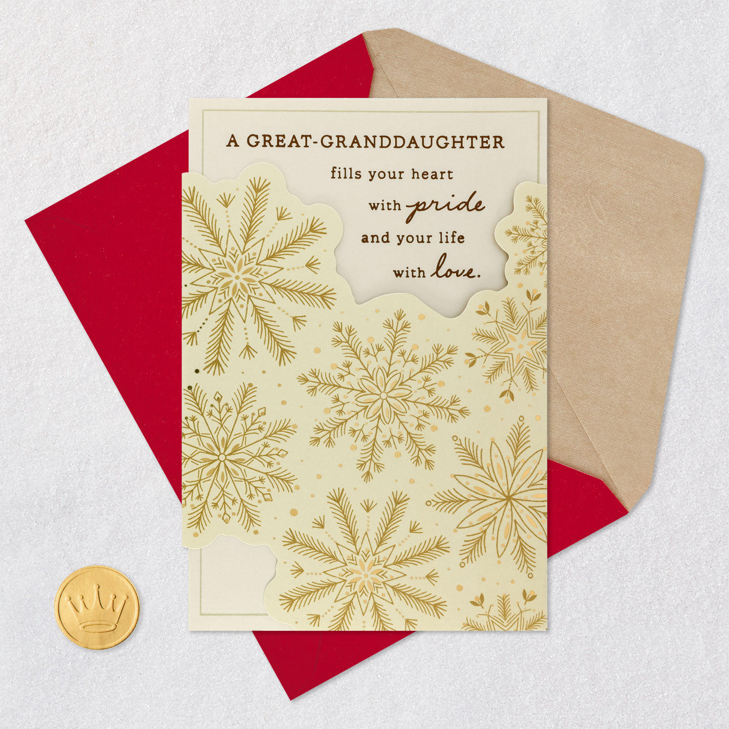 Gold Snowflake Christmas Card for Great-Granddaughter Card Front with Envelope and Gold Seal image number 5