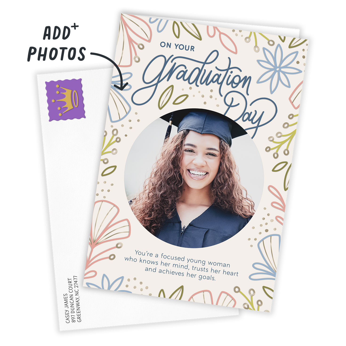 Colored Flower Drawings Personalized Grad Card Card Front with Envelope image number 2