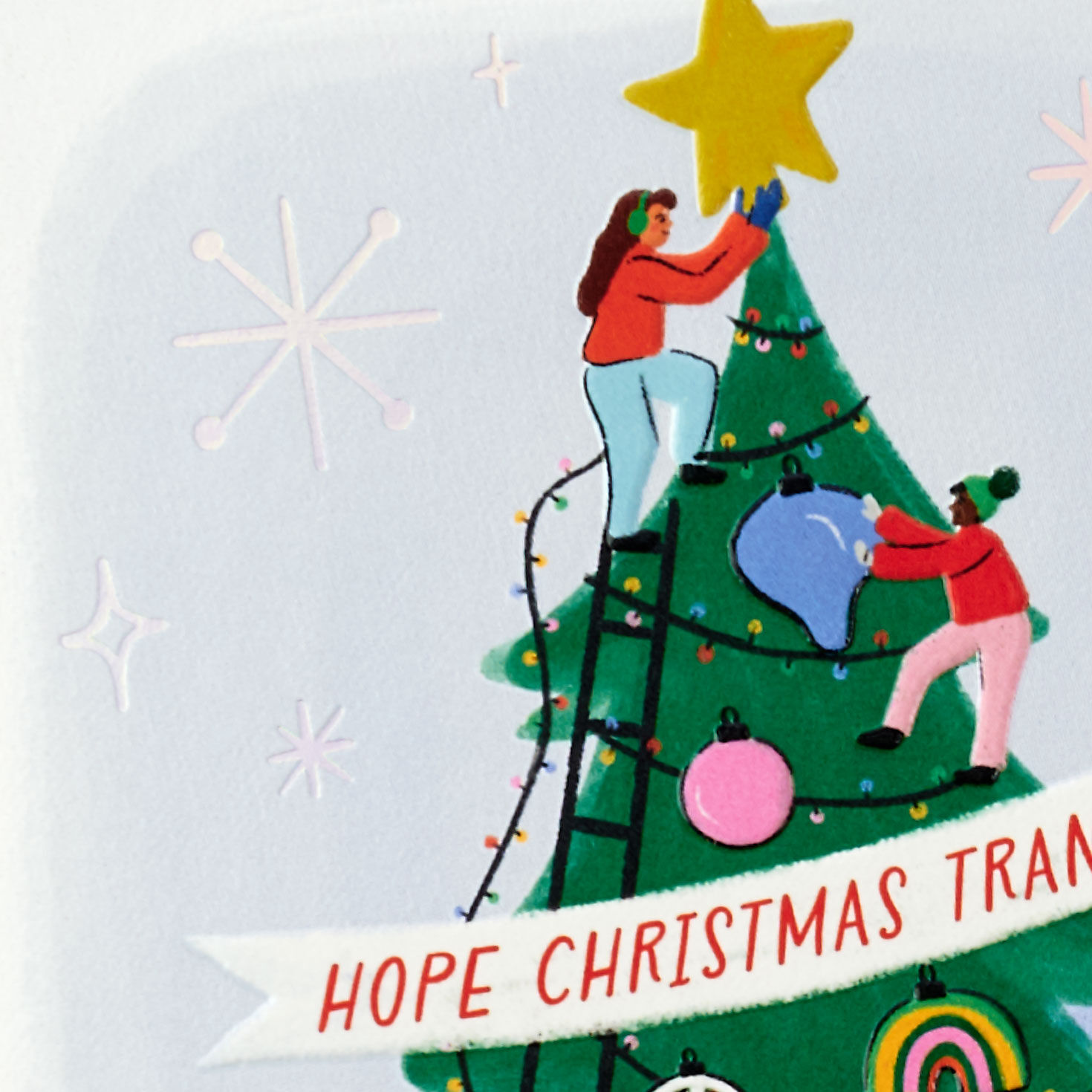 People Decorating Tree Christmas Card From Us Card Cover Detail image number 4
