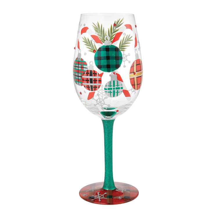 Lolita A Plaid Kind of Christmas Handpainted Wine Glass, 15 oz.