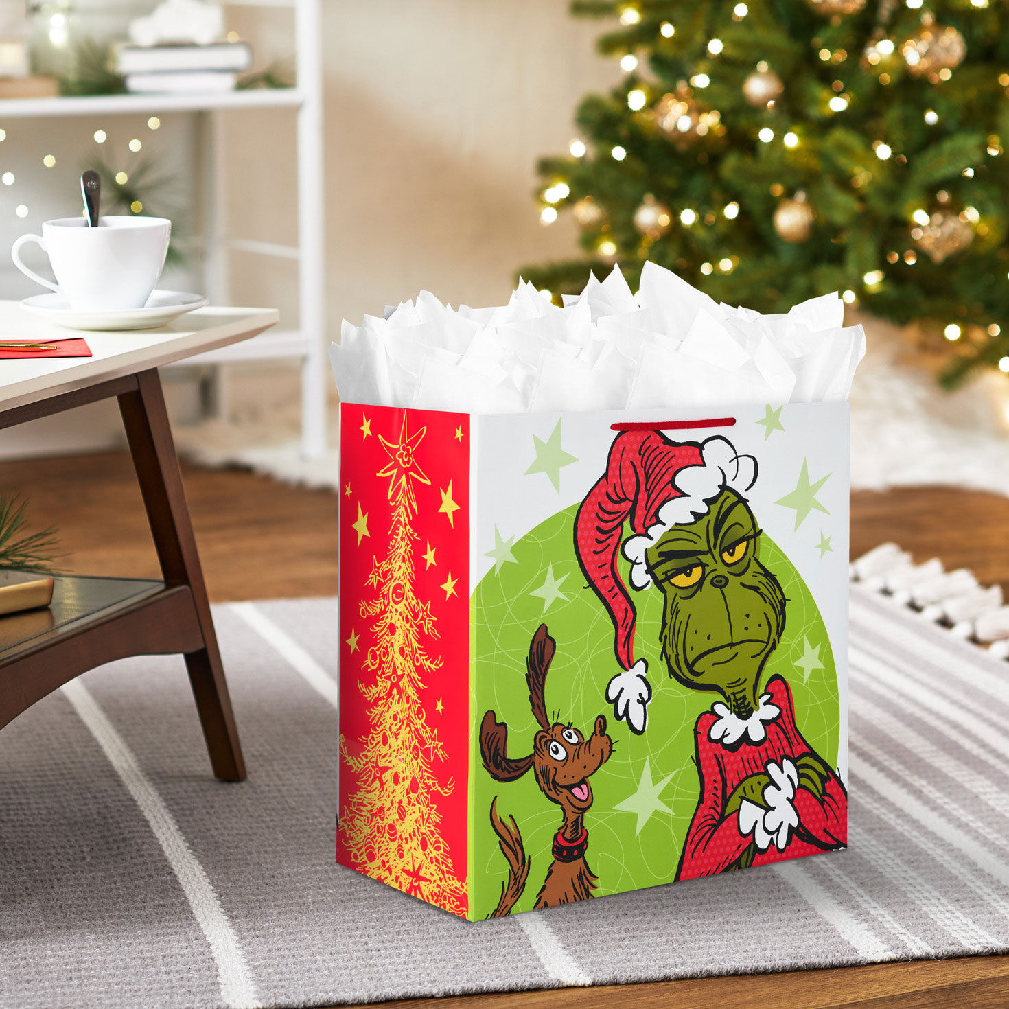 Grimacing Grinch Extra-Deep Christmas Gift Bag in use image number 2