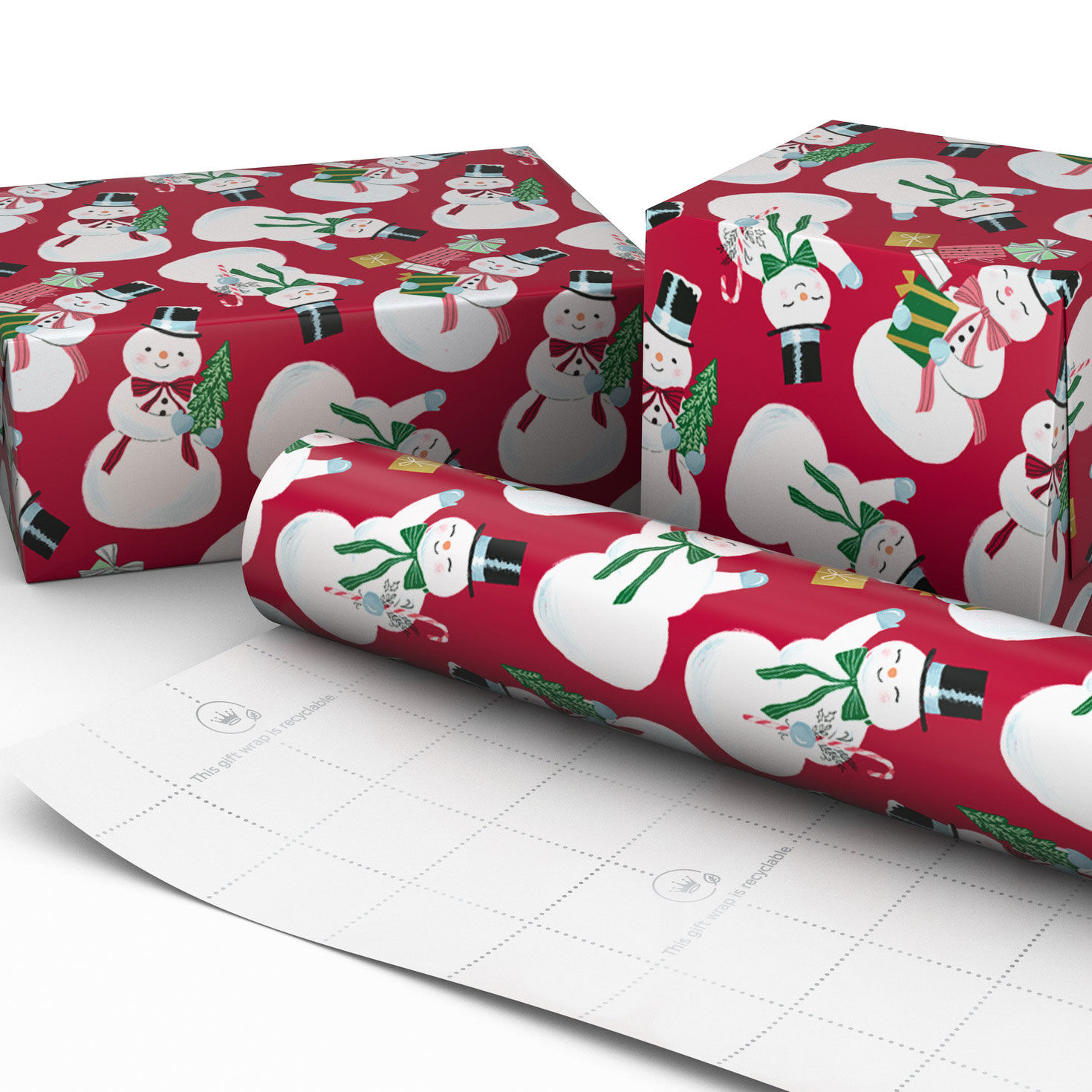 Snowmen on Red Christmas Wrapping Paper Roll Wrapped package image number 2