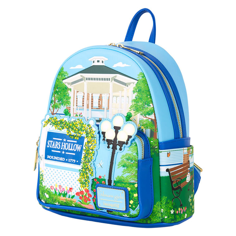 halmark mini backpacks EXCLUSIVE DROP: Loungefly Disney 100 Mickey & Friends AOP Pale Turquoise Sequin Backpack - Hallmark Exclusive On the front Loungefly Gilmore Girls Stars Hollow