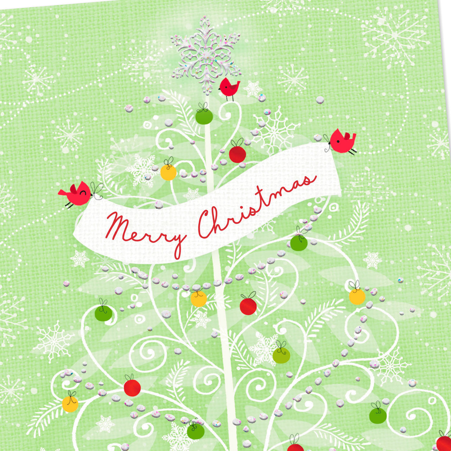 Snowy Tree With Ornaments and Cardinals Christmas Card, , large image number 4