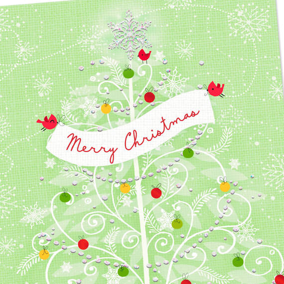 Snowy Tree With Ornaments and Cardinals Christmas Card, , large image number 4