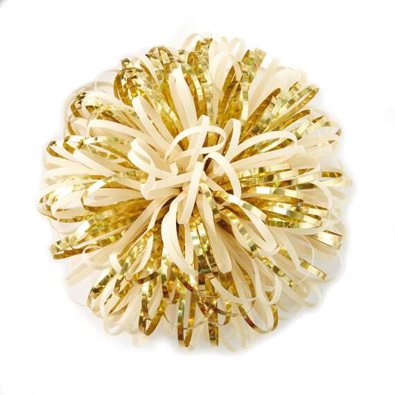 Ivory and Gold Metallic Pom Pom Gift Bow, 5", , large image number 1