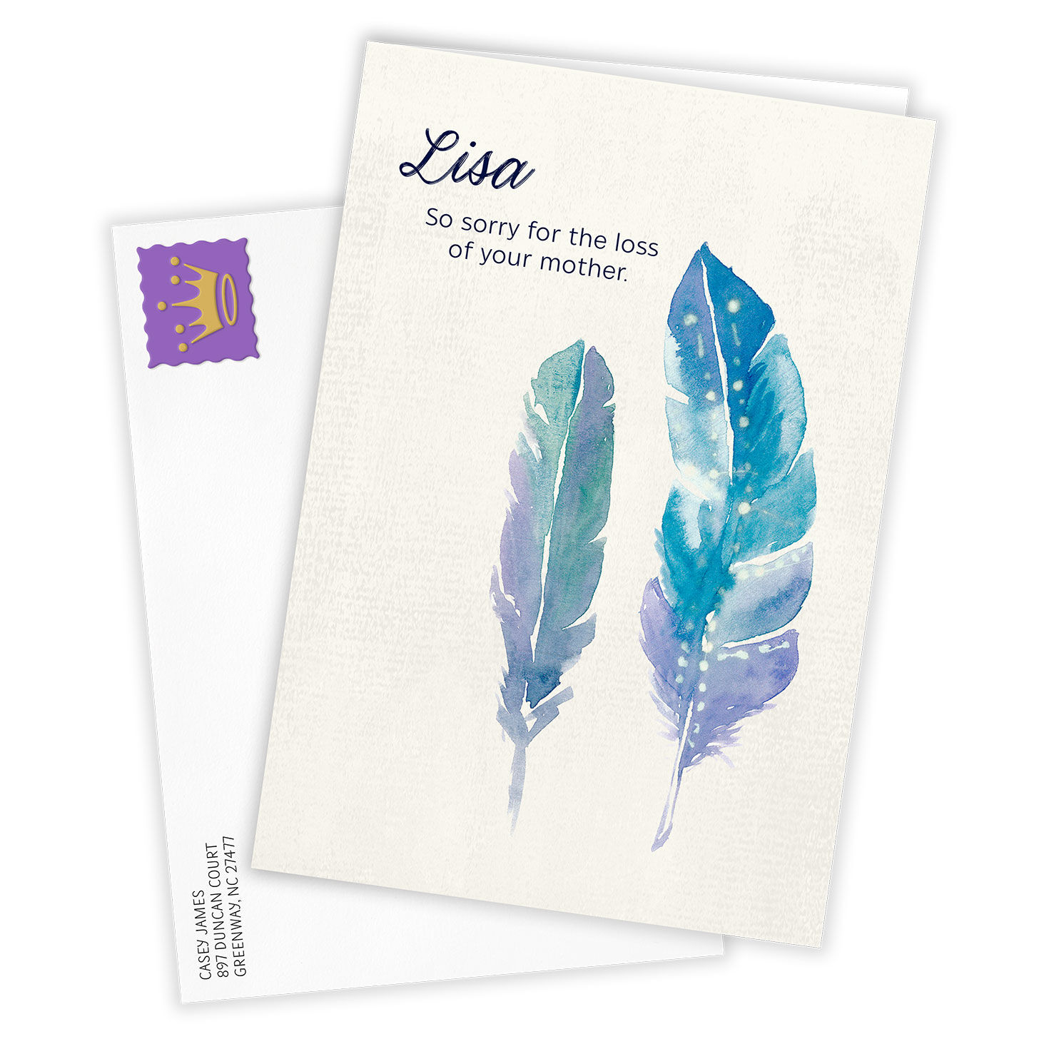 Personalized Watercolor Blue and Purple Feathers Card  image number 2