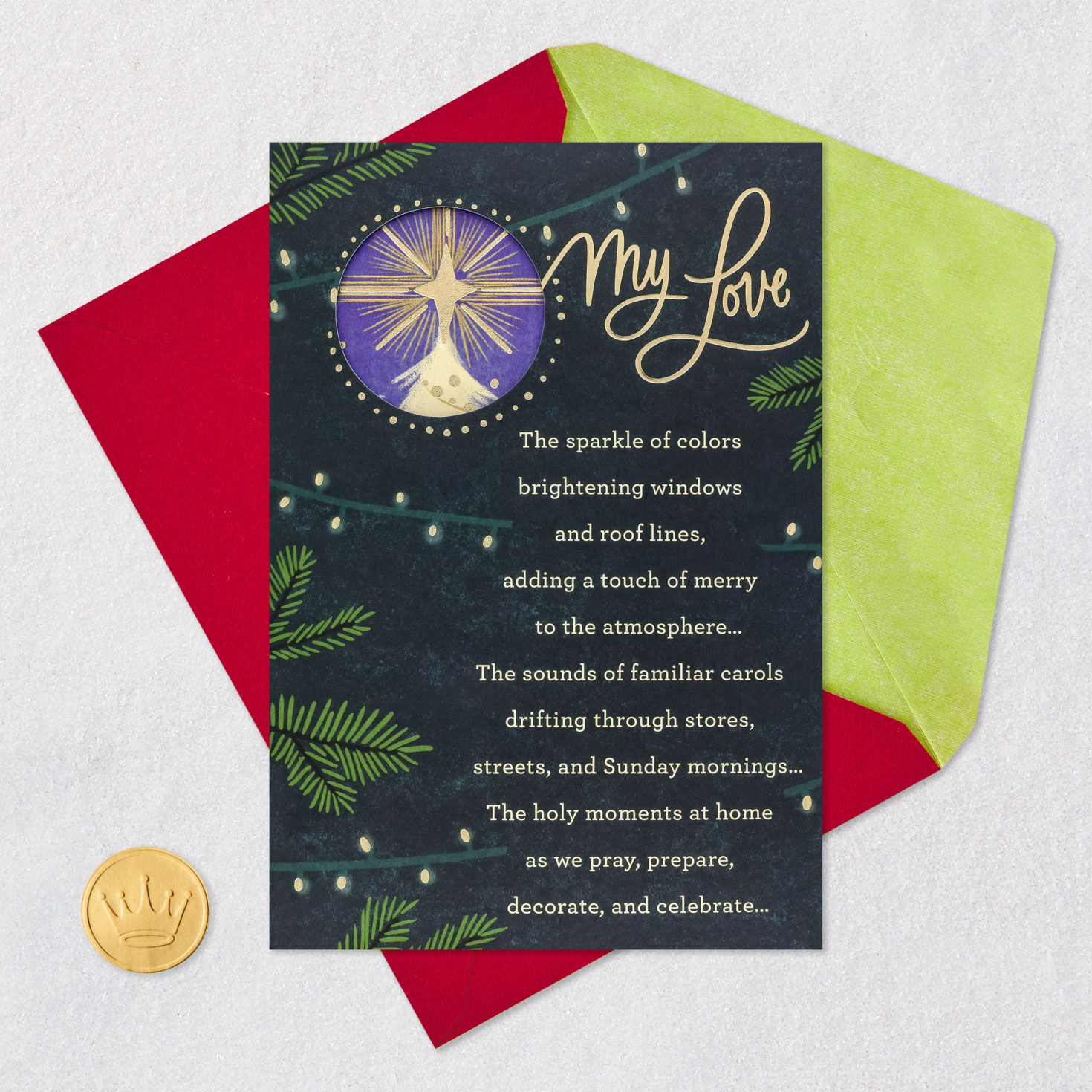 Gold Star Pine Love Religious Christmas Card Card Front with Envelope and Gold Seal image number 7
