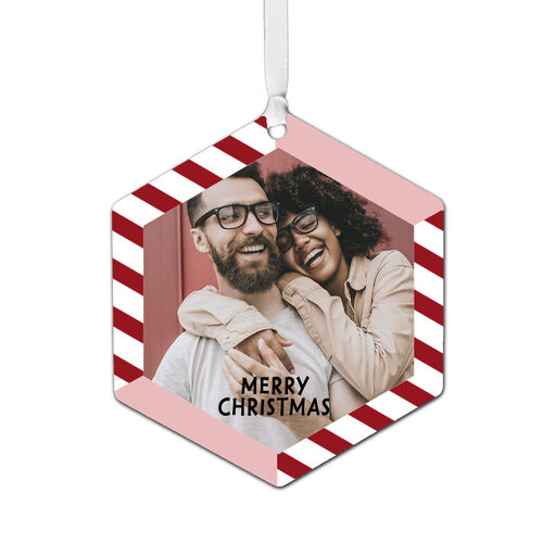 Candy Cane Stripes Personalized Text and Photo Metal Ornament, 