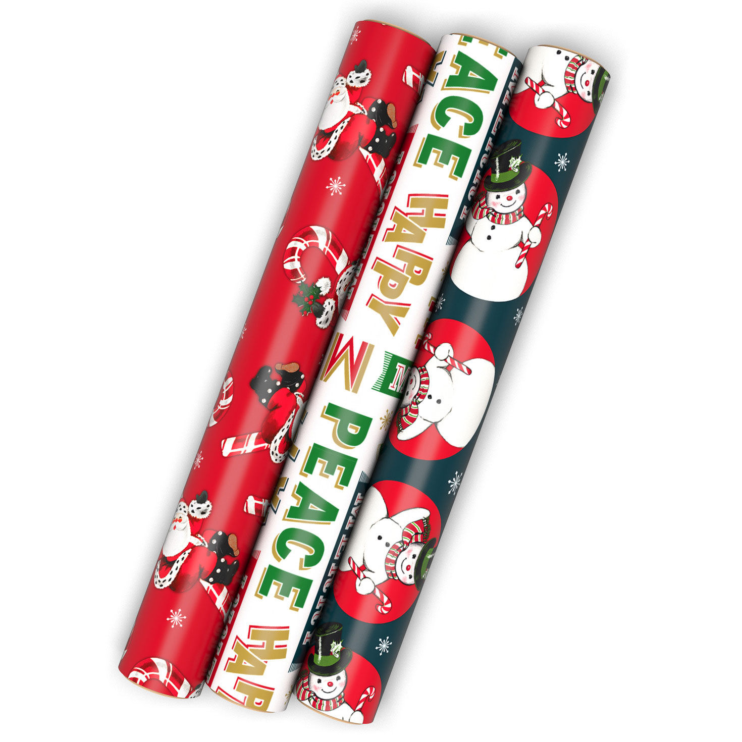 Vintage Santa and Snowman 3-Pack Assorted Christmas Wrapping Paper Mini Roll Bundle, 75 sq. ft. total