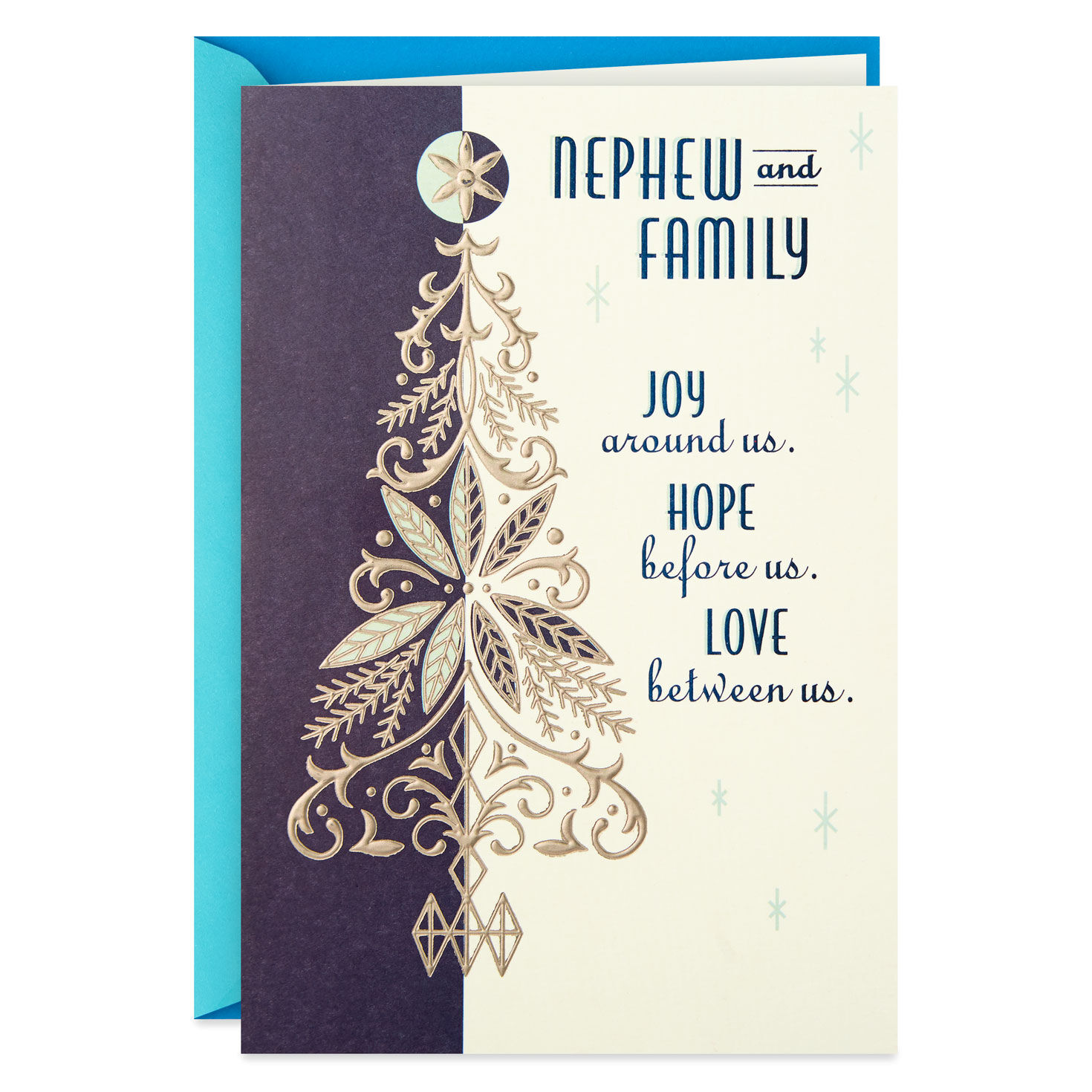 Joy, Hope, Love Christmas Card for Nephew and Family