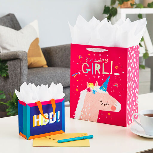 13" Birthday Girl Unicorn on Pink Large Gift Bag, 
