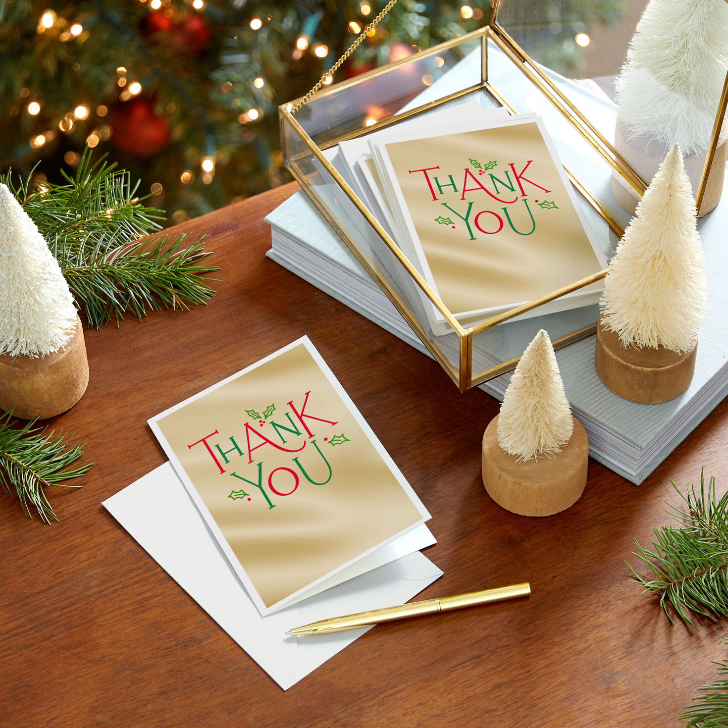 Gold Foil and Holly Christmas Thank You Card Pack in use image number 6
