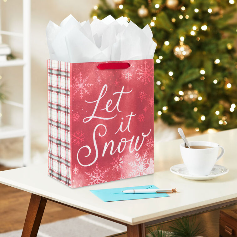 Let It Snow Weathered Red Large Holiday Gift Bag In Use image number 2