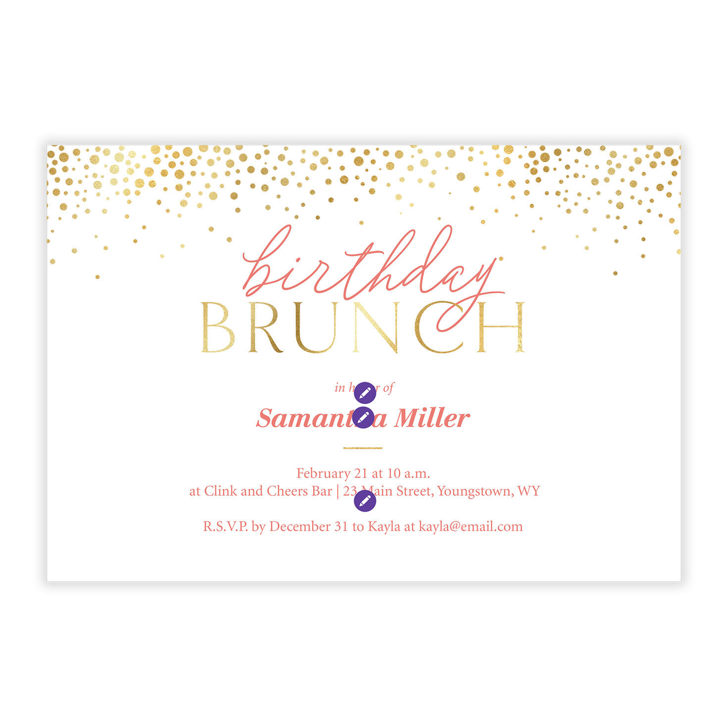 Gold Dots Birthday Brunch Personalized Invitation Card Front indicating personalization image number 5