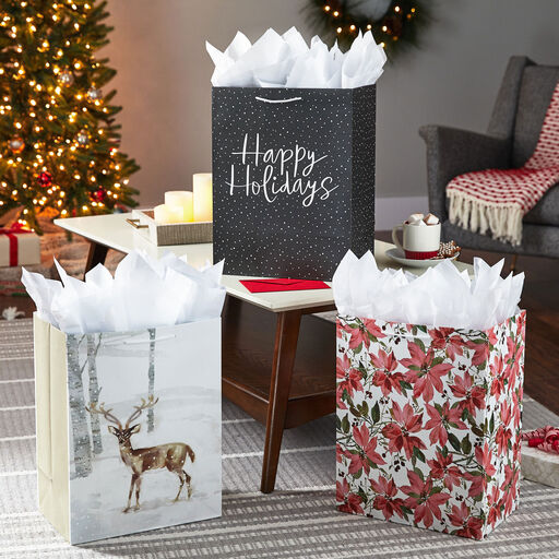 17" Wintry Watercolor 3-Pack Assortment X-Deep Christmas Gift Bags, 