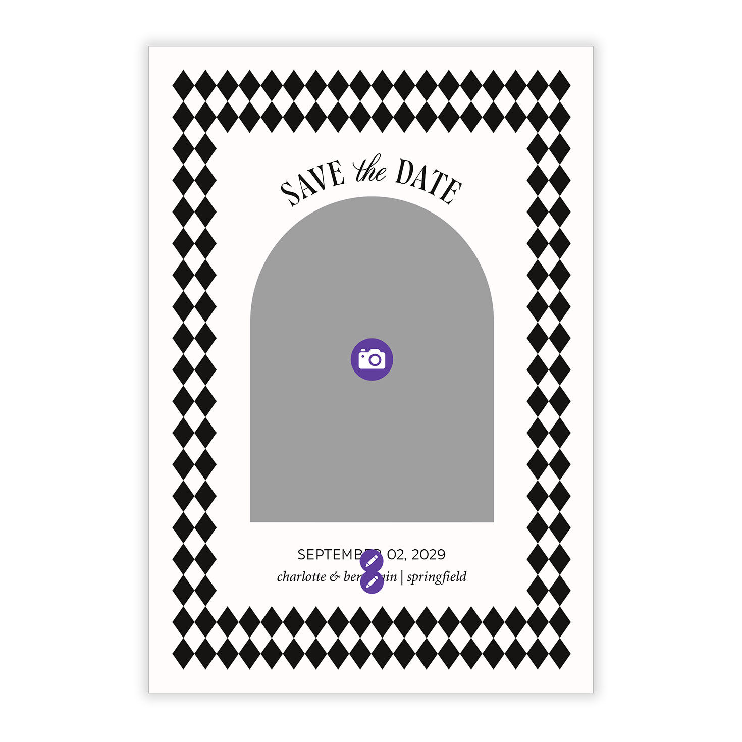 Black White Diamonds Personalized Save the Date Card Card Front indicating personalization image number 5