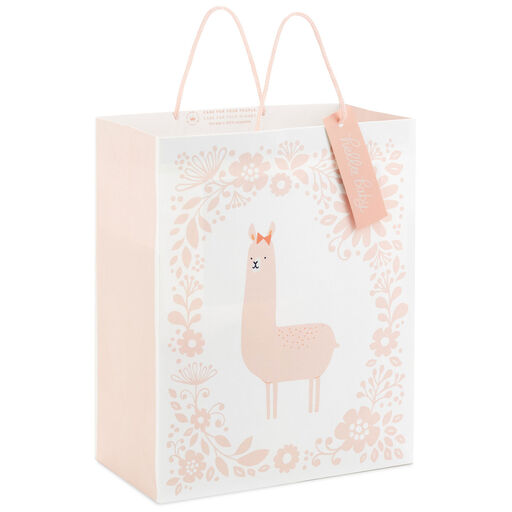 13" Pink Llama on White New Baby Large Gift Bag, 