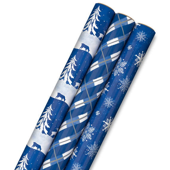 Blue and White 3-Pack Holiday Wrapping Paper Assortment, 120 sq. ft.