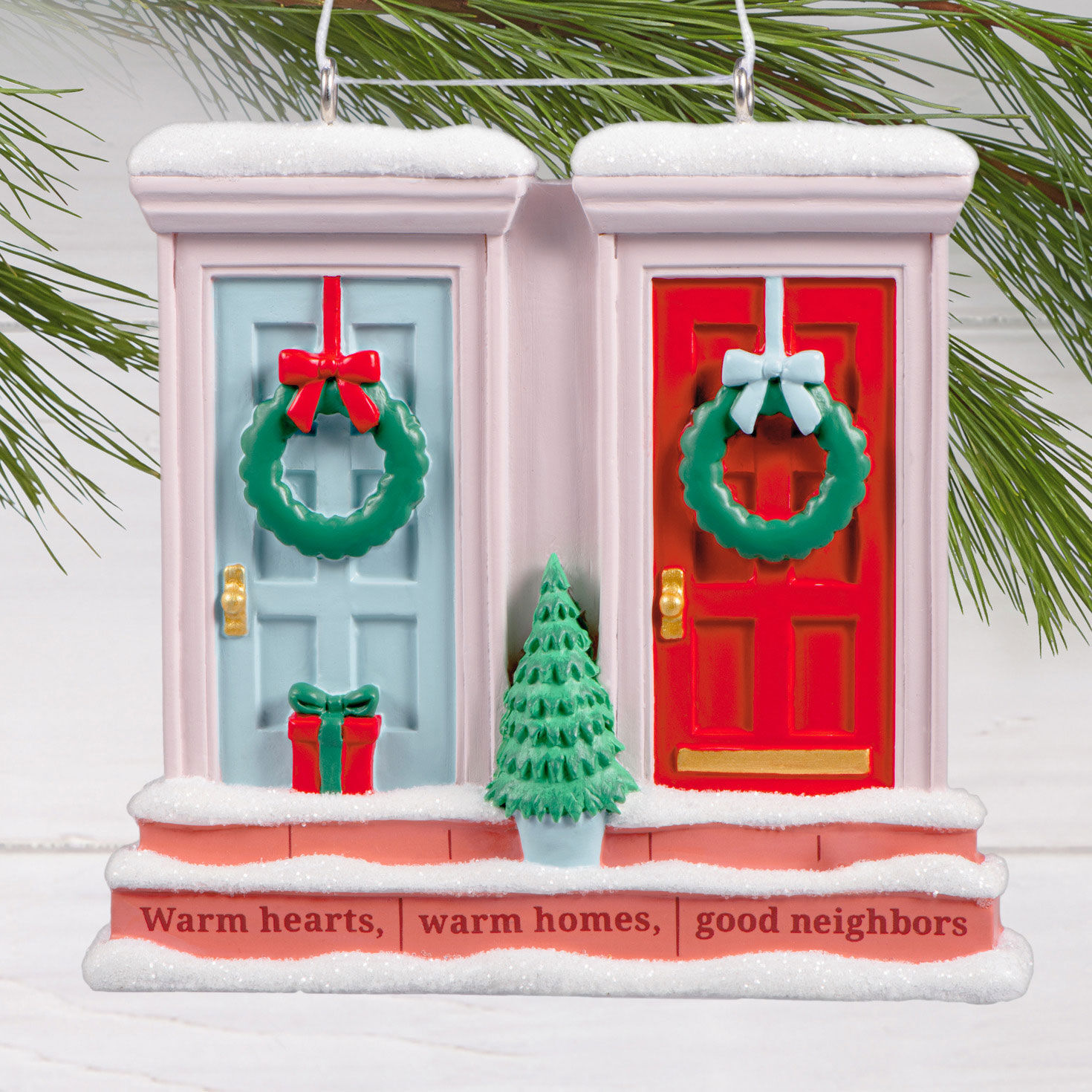 Green Red Neighbor Doors Christmas Ornament hanging on tree image number 2
