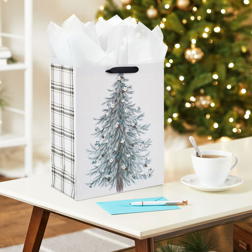 13" Illustrated Evergreen on White Large Christmas Gift Bag, 