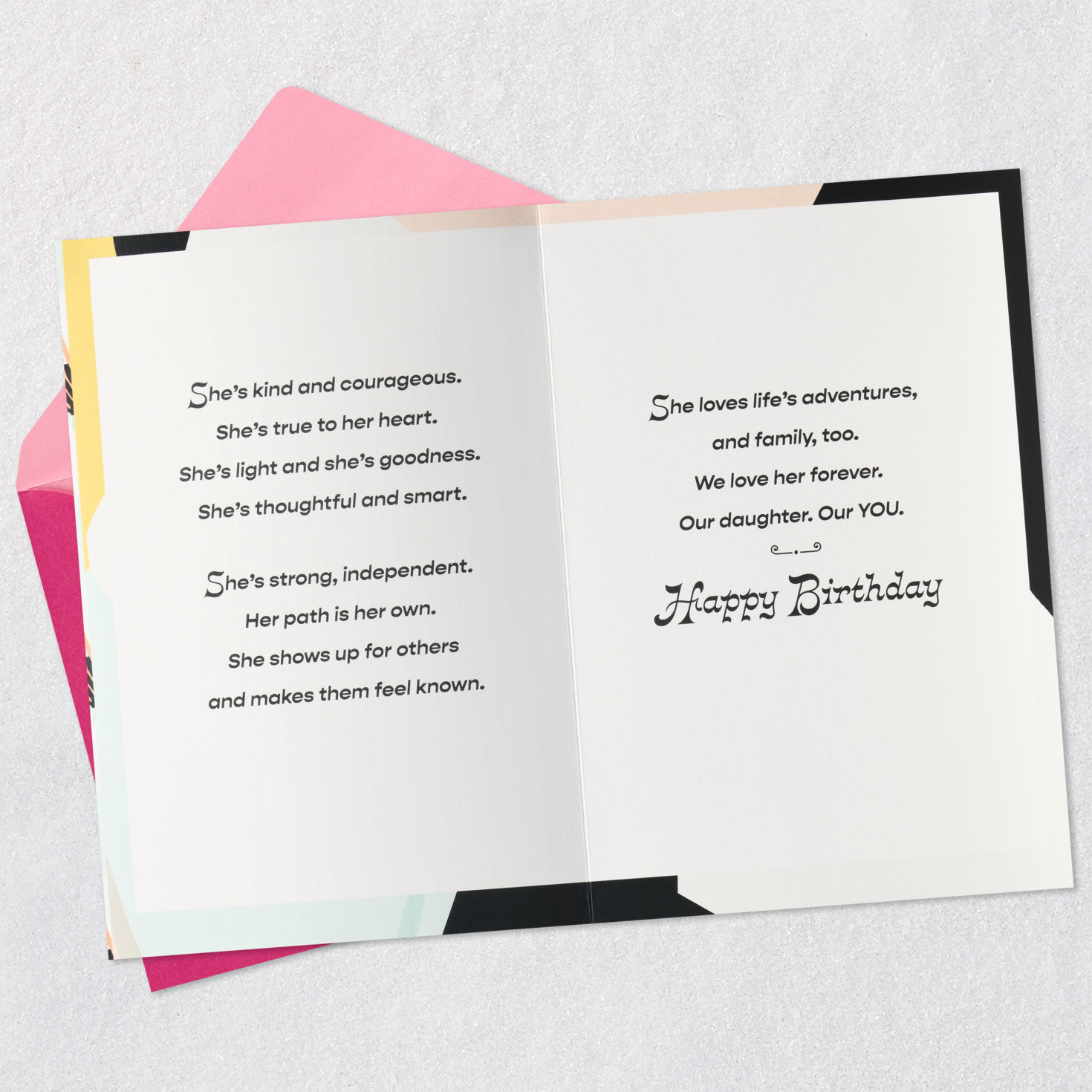 Pink Pennant on Abstract Print Daughter Birthday Card Open card with envelope image number 4