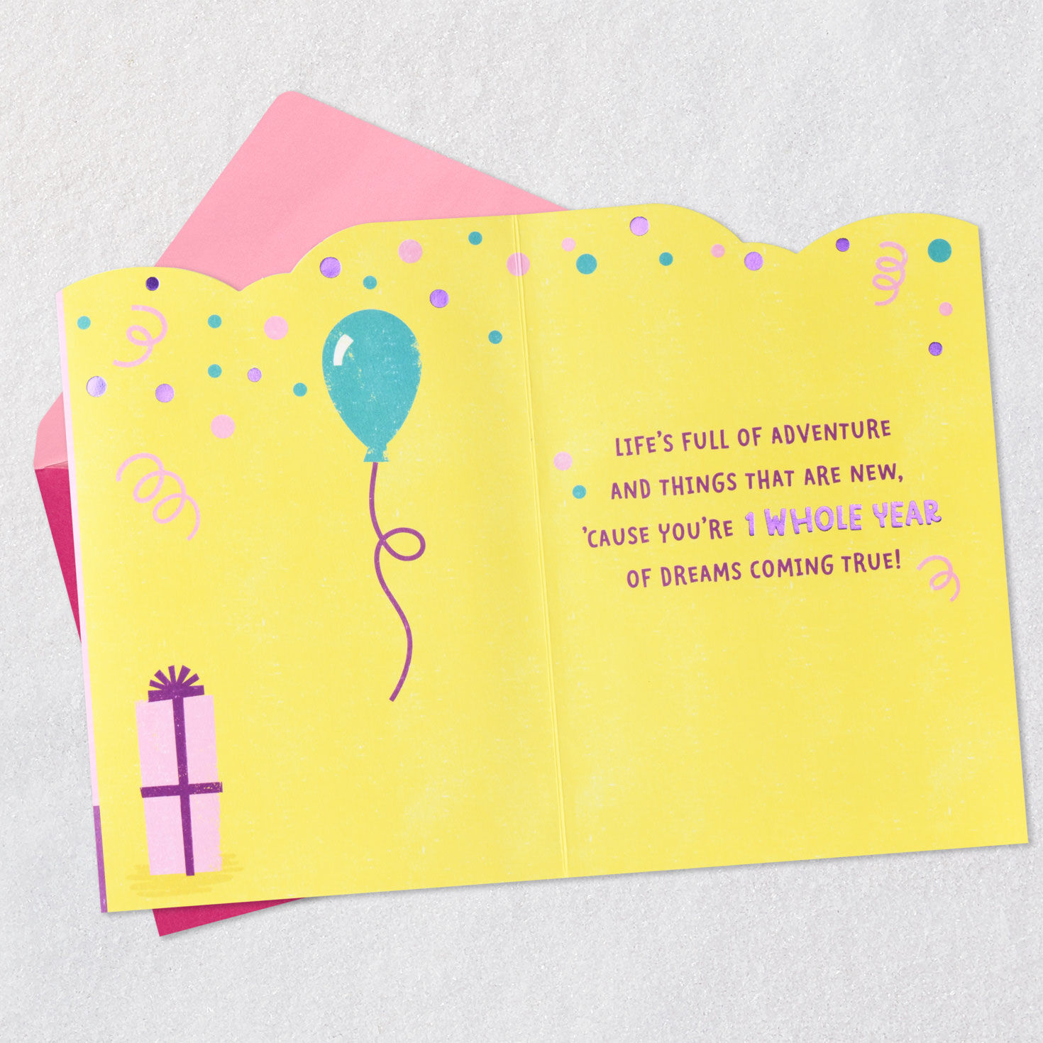 Fuzzy Lamb With Balloon First Birthday Card Open card with envelope image number 3