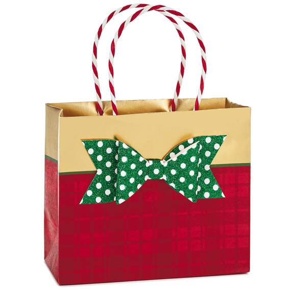 Red Plaid Kraft With Green Bow Small Christmas Gift Bag, 5.5", , large image number 1