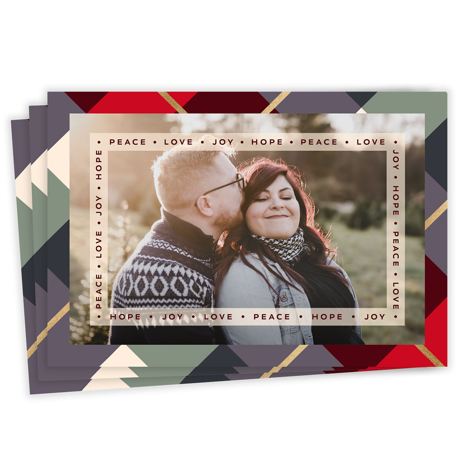 Peace and Love Plaid Flat Christmas Photo Card