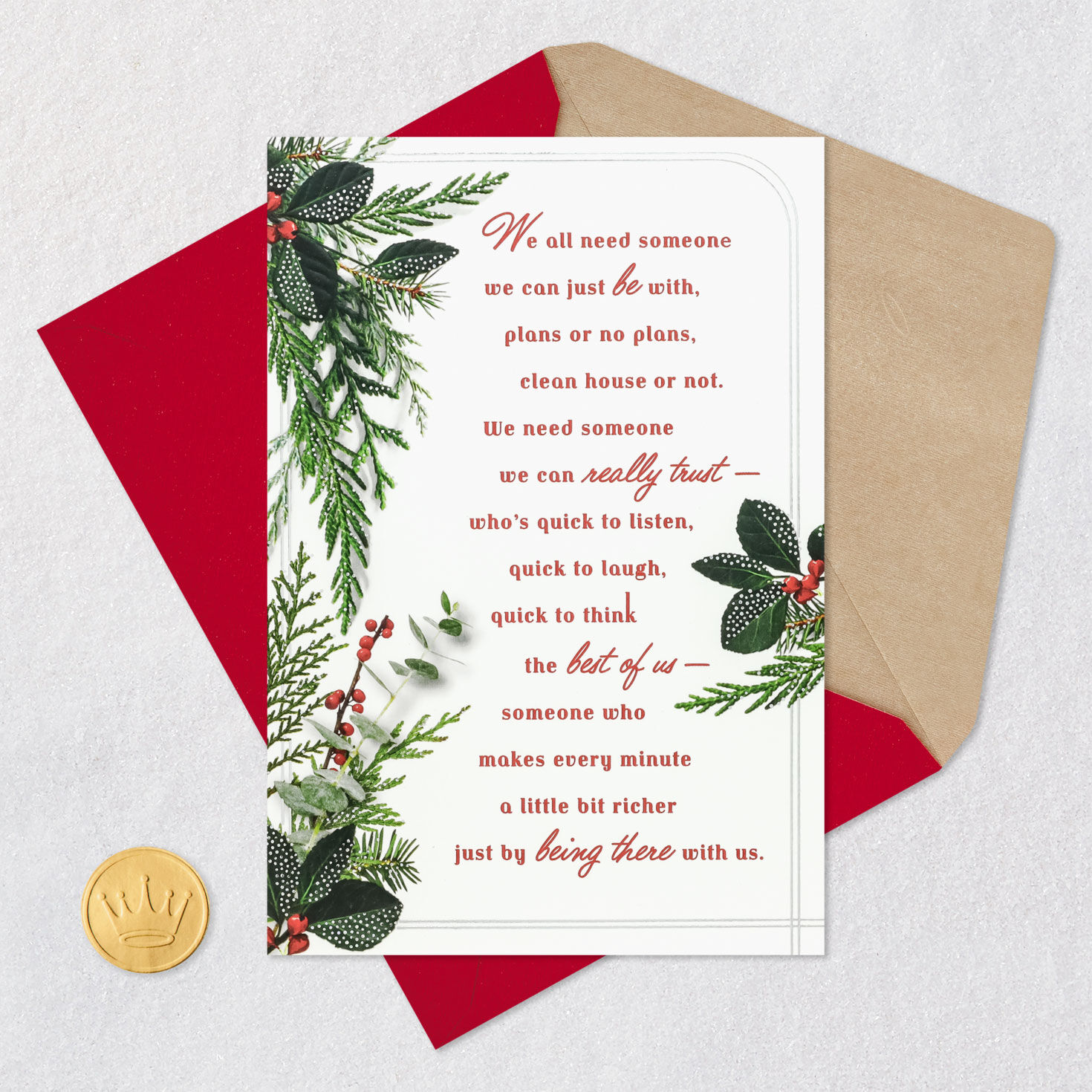 Holly and Greenery Christmas Card for Friend Card Front with Envelope and Gold Seal image number 5