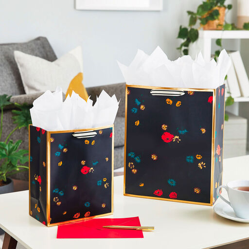 9.6" Scattered Flowers on Black Medium Gift Bag, 