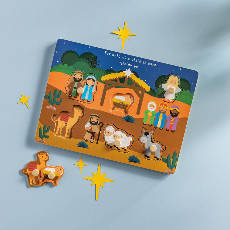 Mud Pie Nativity Wooden Peg Puzzle With Sound in use image number 2