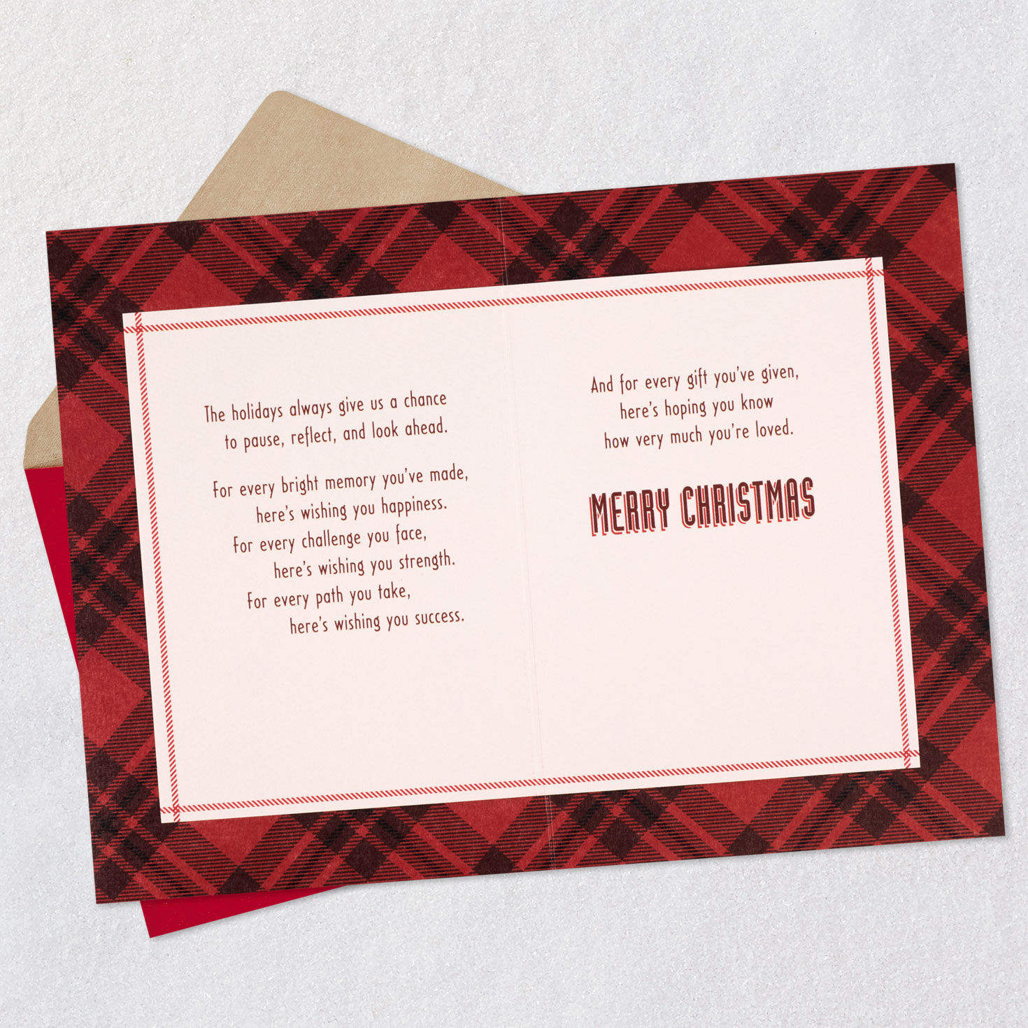 Pine Boughs and Red Plaid Son Christmas Card Open card with envelope image number 4