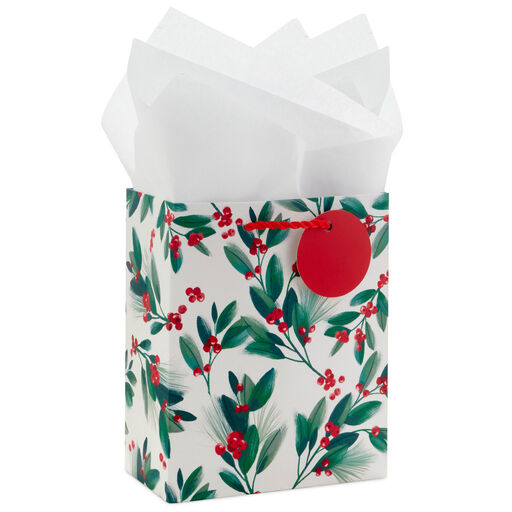6.5" Winter Greenery Small Christmas Gift Bag With Tissue Paper, 