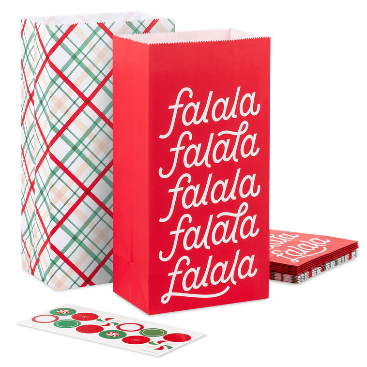 Plaid and Fa La La Christmas Goodie Bags With Stickers, Pack of 12