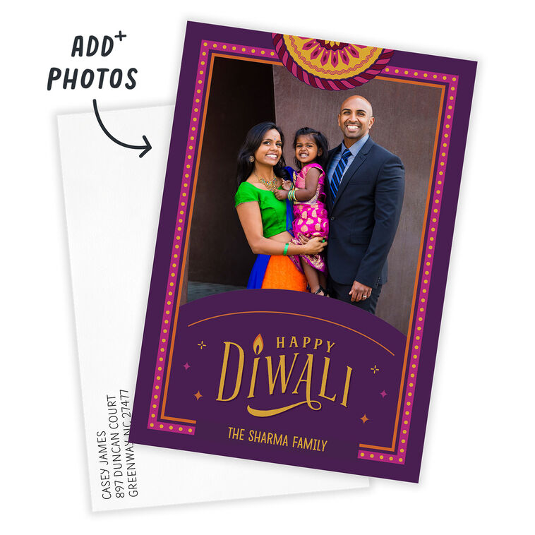 Purple Pink Patterns Personalized Diwali Photo Card Card with Envelope indicating personalization image number 2