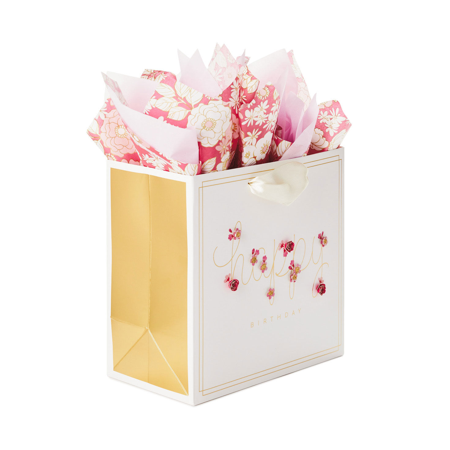 Medium Square Happy Birthday Gift Bag With 3D Flowers Back image number 5