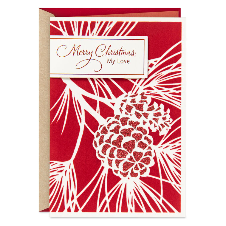 Sparkly Red and White Pine Cones Romantic Christmas Card Card Front image number 1