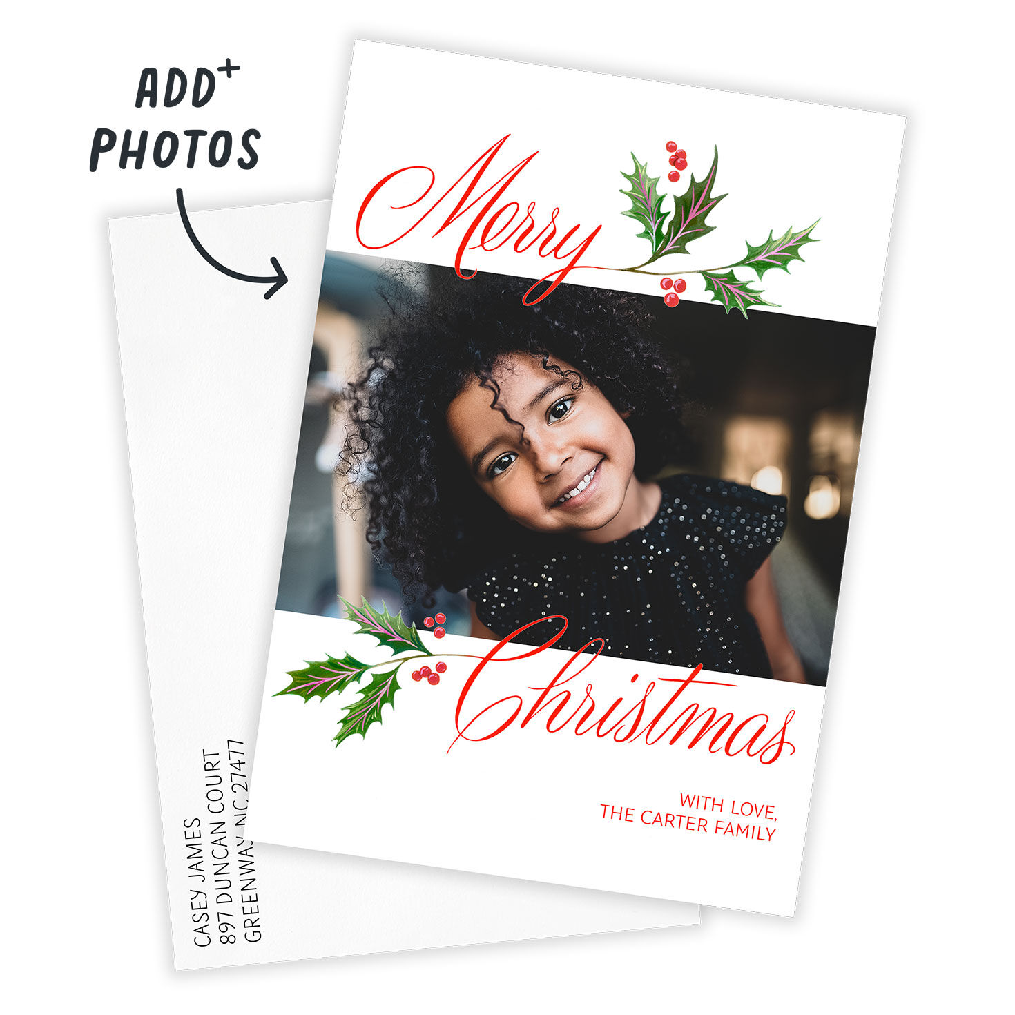 Holly Red Script Personalized Christmas Photo Card Card with Envelope indicating personalization image number 2
