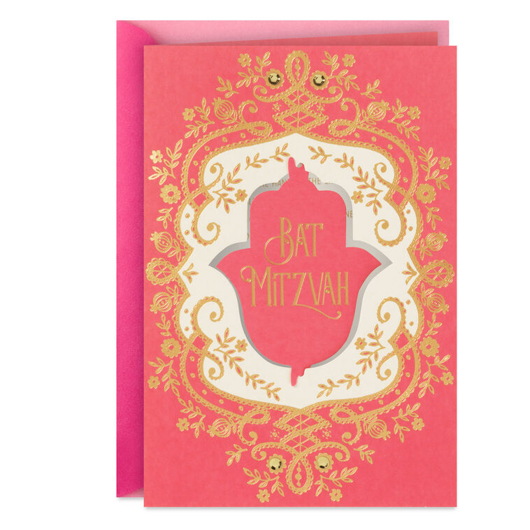 Pink and Gold Hamsa Bat Mitzvah Card for Girls Card Front image number 1