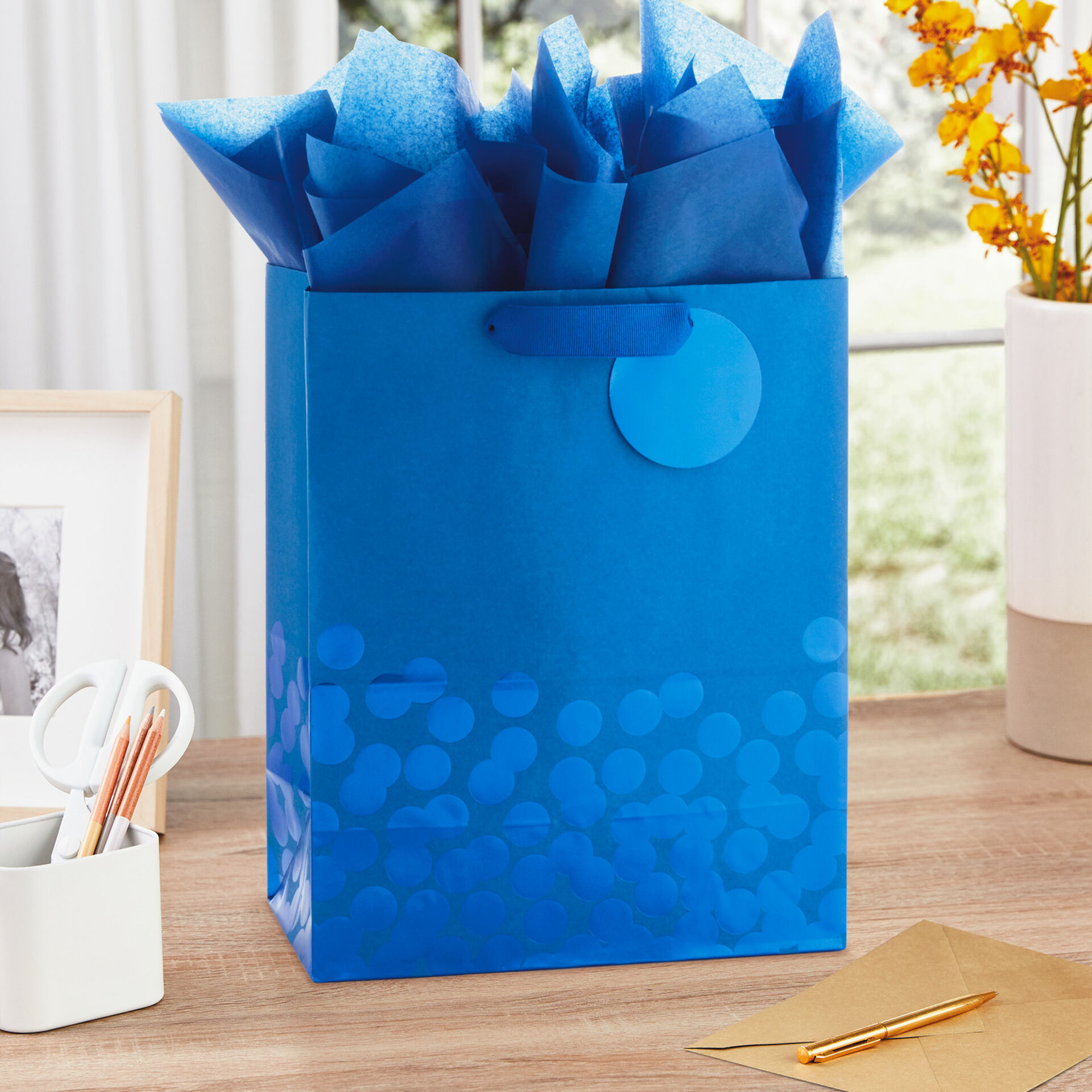 Blue Foil Dots Large Gift Bag With Tag and Tissue, 13" Gift Bags